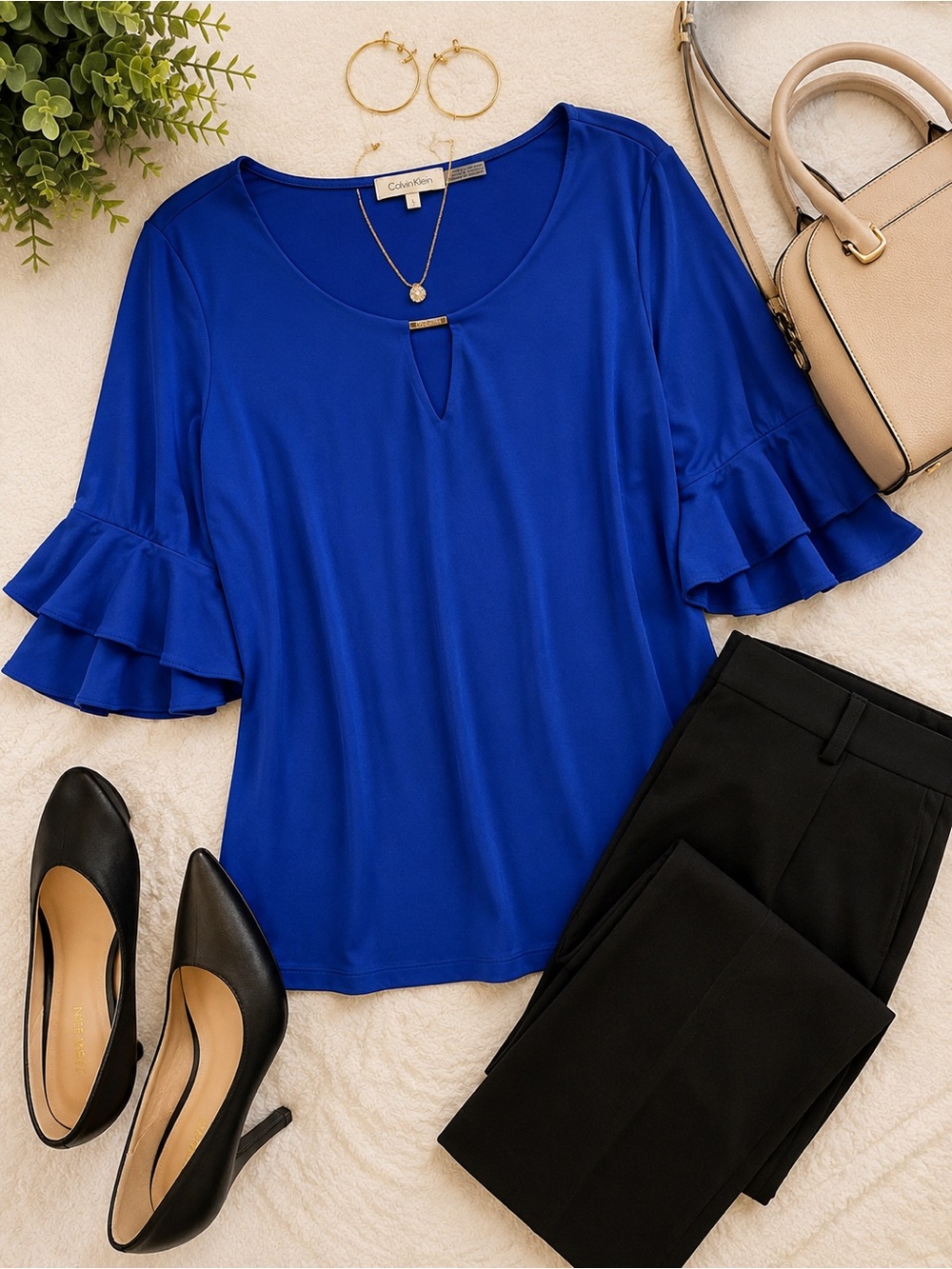Calvin Klein Women’s Royal Blue Blouse | Ruffle Sleeve Keyhole Top